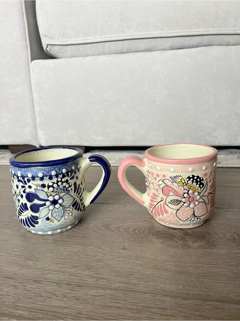 Handmade Mexican Pottery 2 Coffee Mugs Cups Talavera Pink Blue Butterfly Skull
